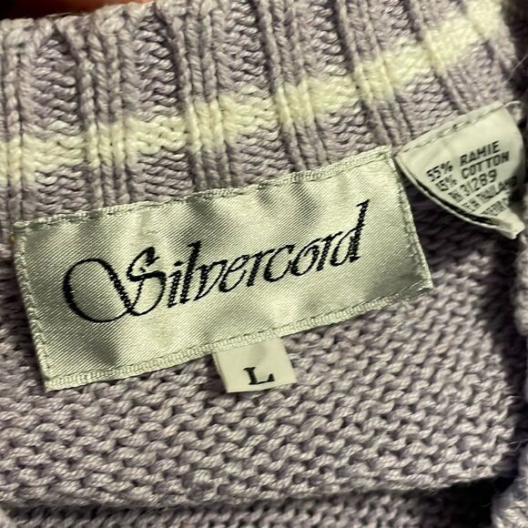 Silvercord Sweater Vintage Knit V Neck Stripe Cotton Blend Purple White Large - Picture 7 of 10